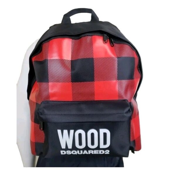 Dsquared2 Wood Backpack Red Buffalo Plaid Lightweight Gym Bag Unisex Rucksack - Picture 2 of 9